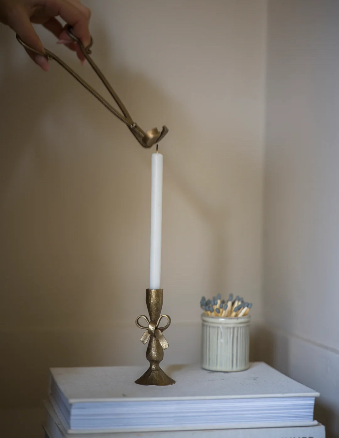 Antique Brass Bow Candle Holder with 6 White Candles