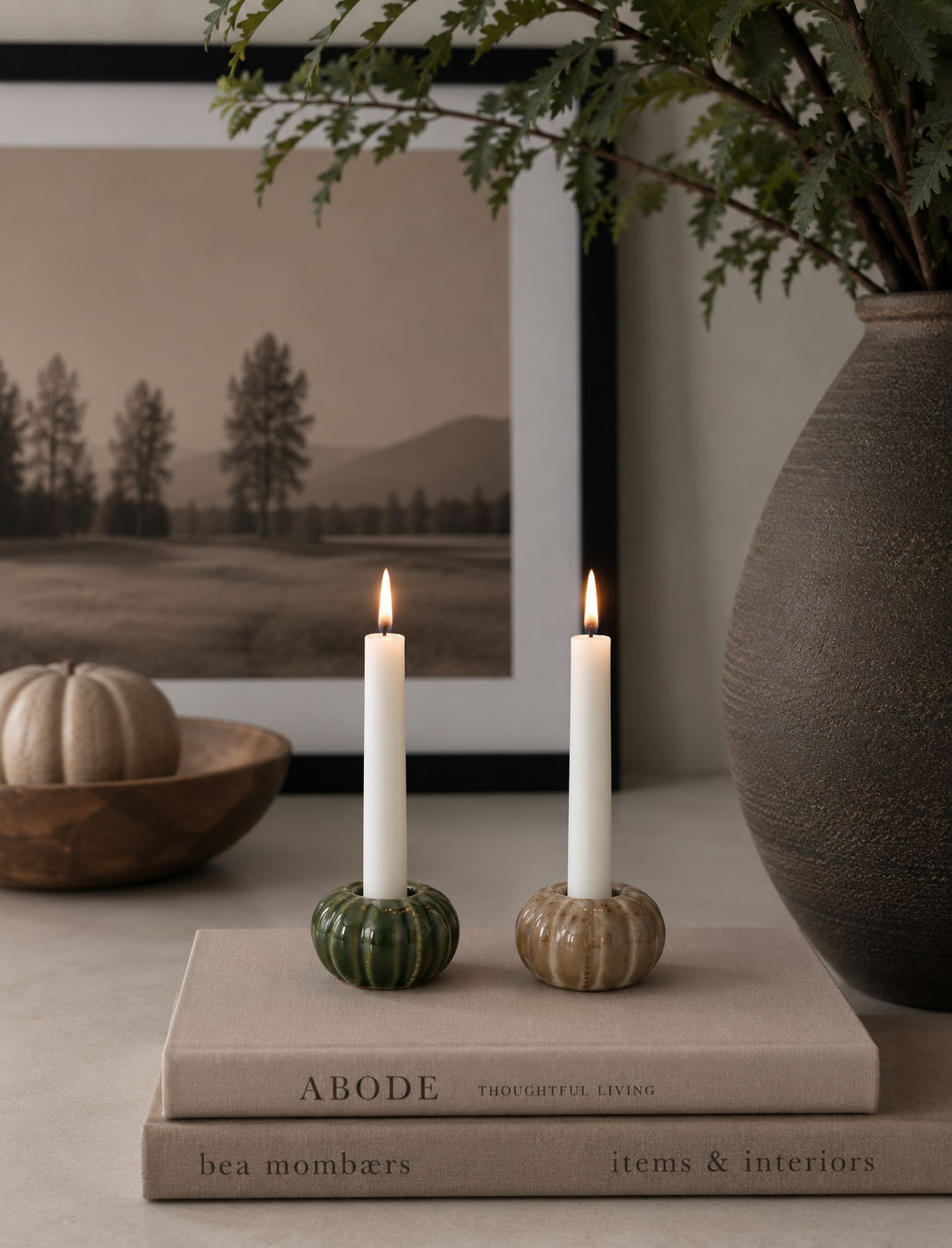 Set of Two Mini Stoneware Pumpkin Candle Holders
