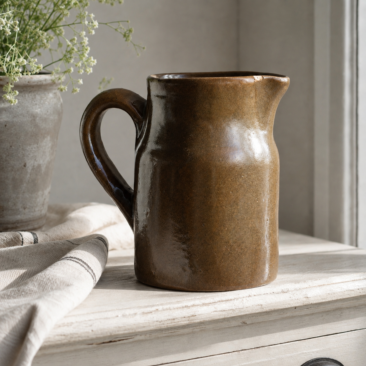Small Brown Glossy Stoneware Pitcher