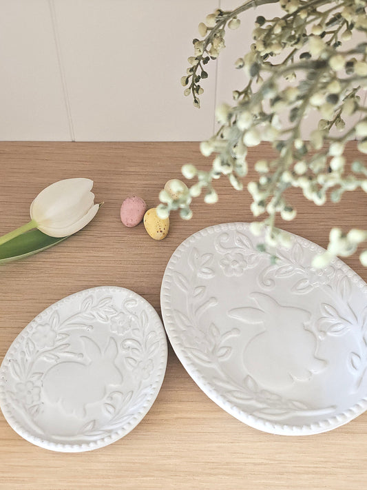 Set of Porcelain Bunny & Flower Embossed Trinket Plates