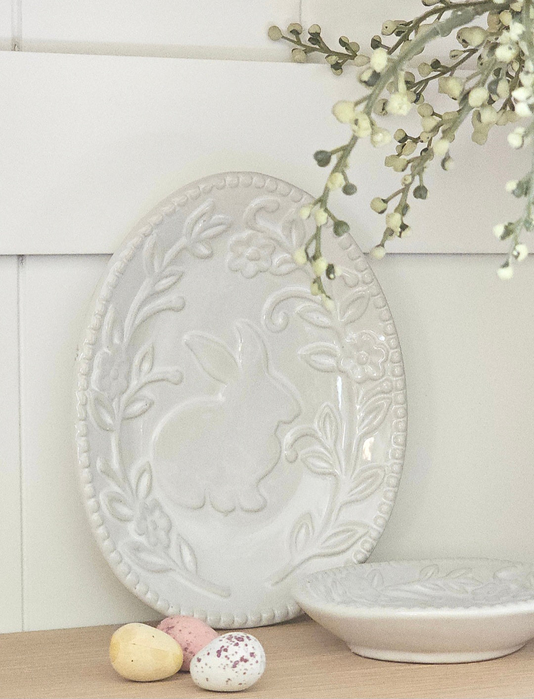Set of Porcelain Bunny & Flower Embossed Trinket Plates