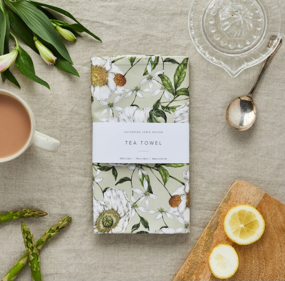 100% Cotton Luxury Spring Blossom Tea Towel - Greige