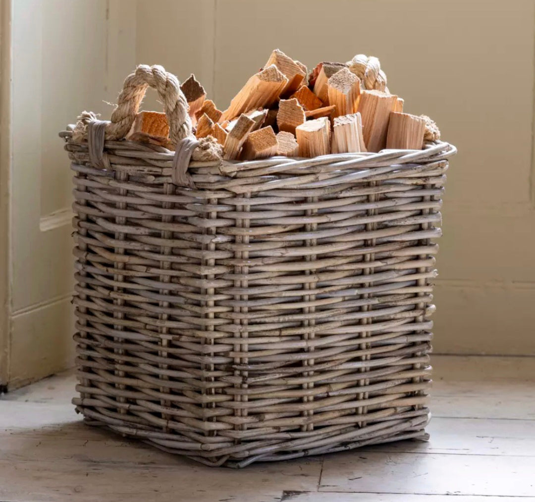 Square Kubu Log Basket with Rope Handles