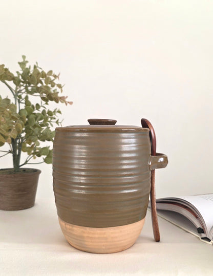 Moss Stoneware Jar with Wooden Spoon