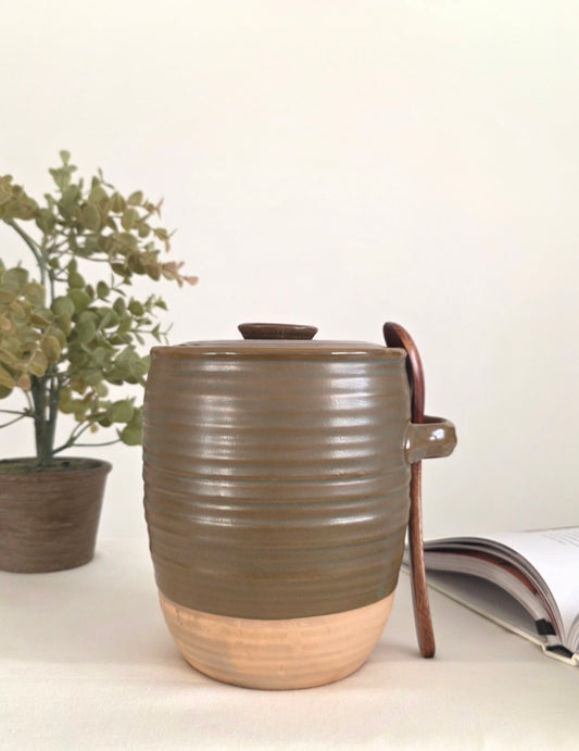 Moss Stoneware Jar with Wooden Spoon