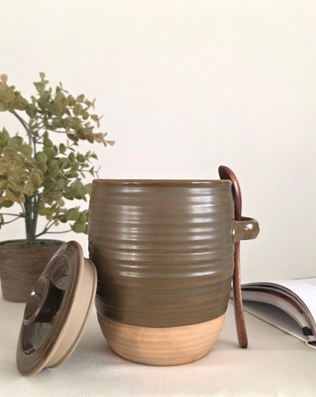 Moss Stoneware Jar with Wooden Spoon