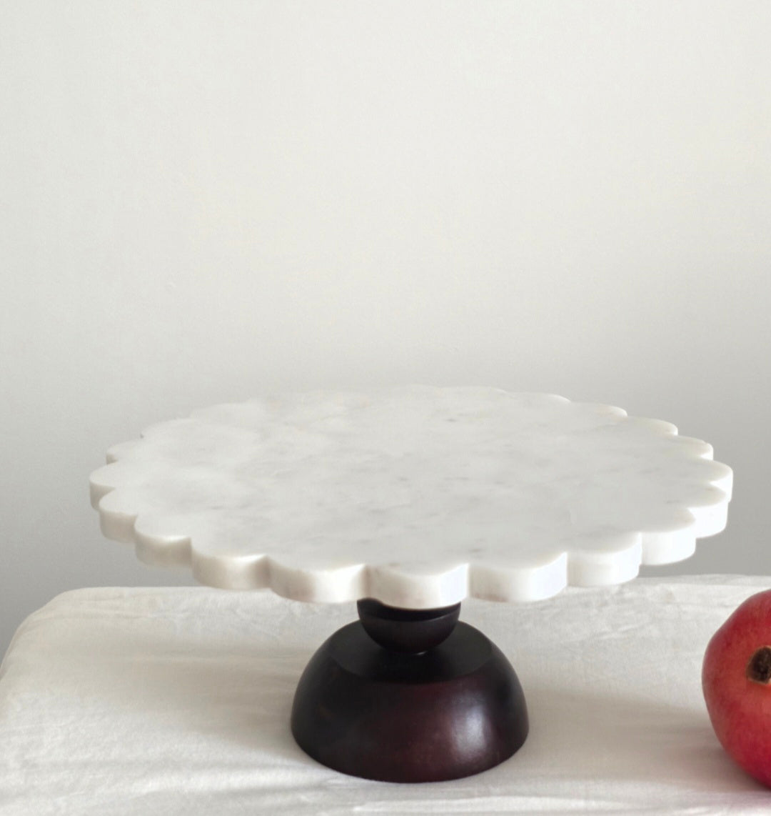 Scalloped Marble & Wood Cake Stand