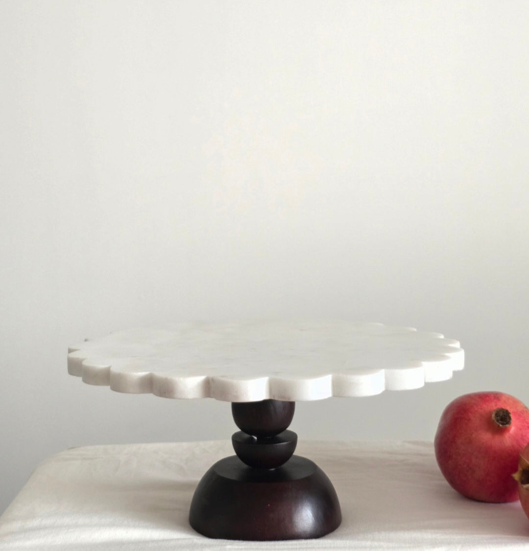 Scalloped Marble & Wood Cake Stand