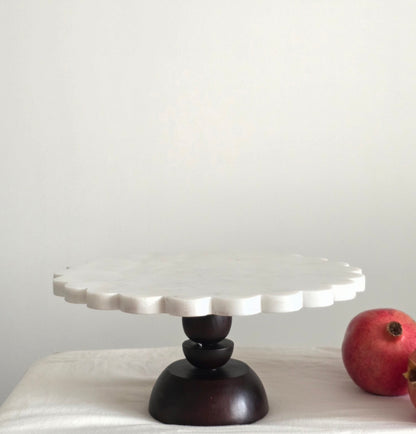 Scalloped Marble & Wood Cake Stand