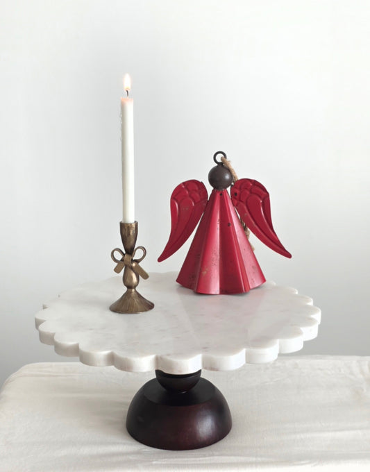 Scalloped Marble & Wood Cake Stand