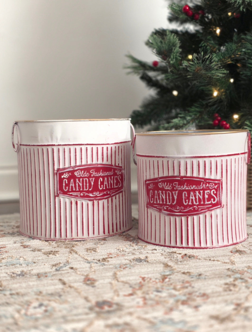 Candy Cane Metal Christmas Buckets | Set of 2