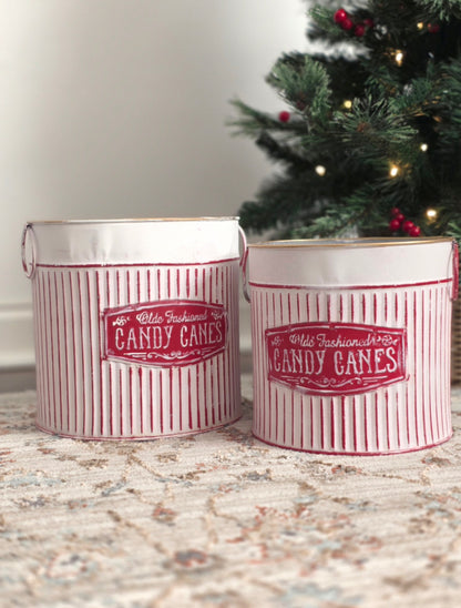 Candy Cane Metal Christmas Buckets | Set of 2