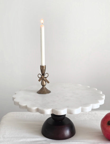 Scalloped Marble & Wood Cake Stand