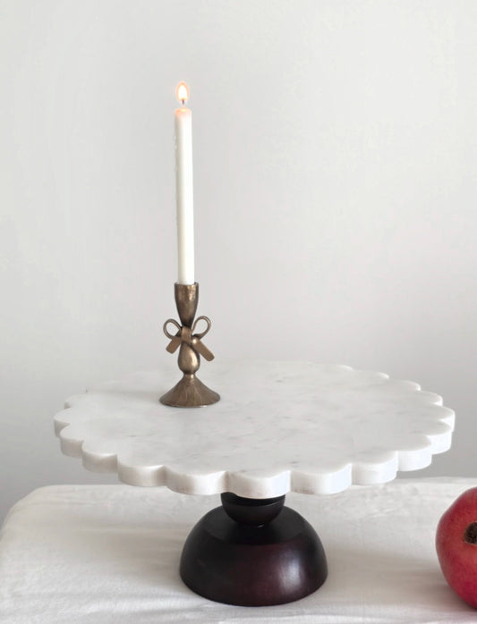 Scalloped Marble & Wood Cake Stand