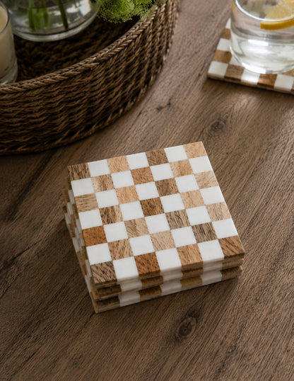 Checkered Wood & Resin Coasters | Set of 4