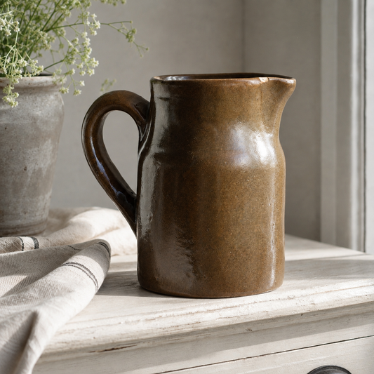 Small Brown Glossy Stoneware Pitcher
